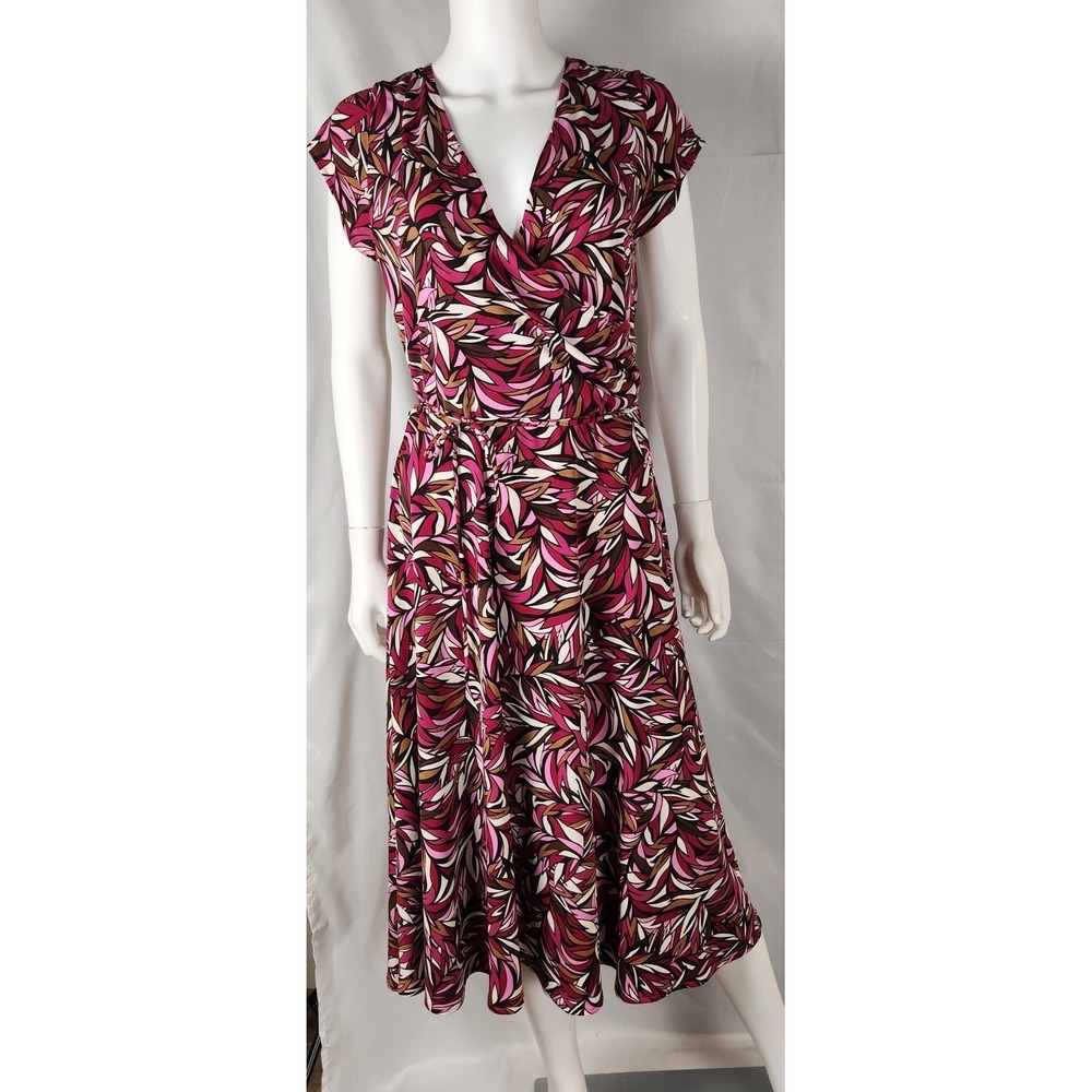 Chadwicks Abstract Leaf Print Y2K/Classiccore/SlowFashion V-neck Midi Dress 14